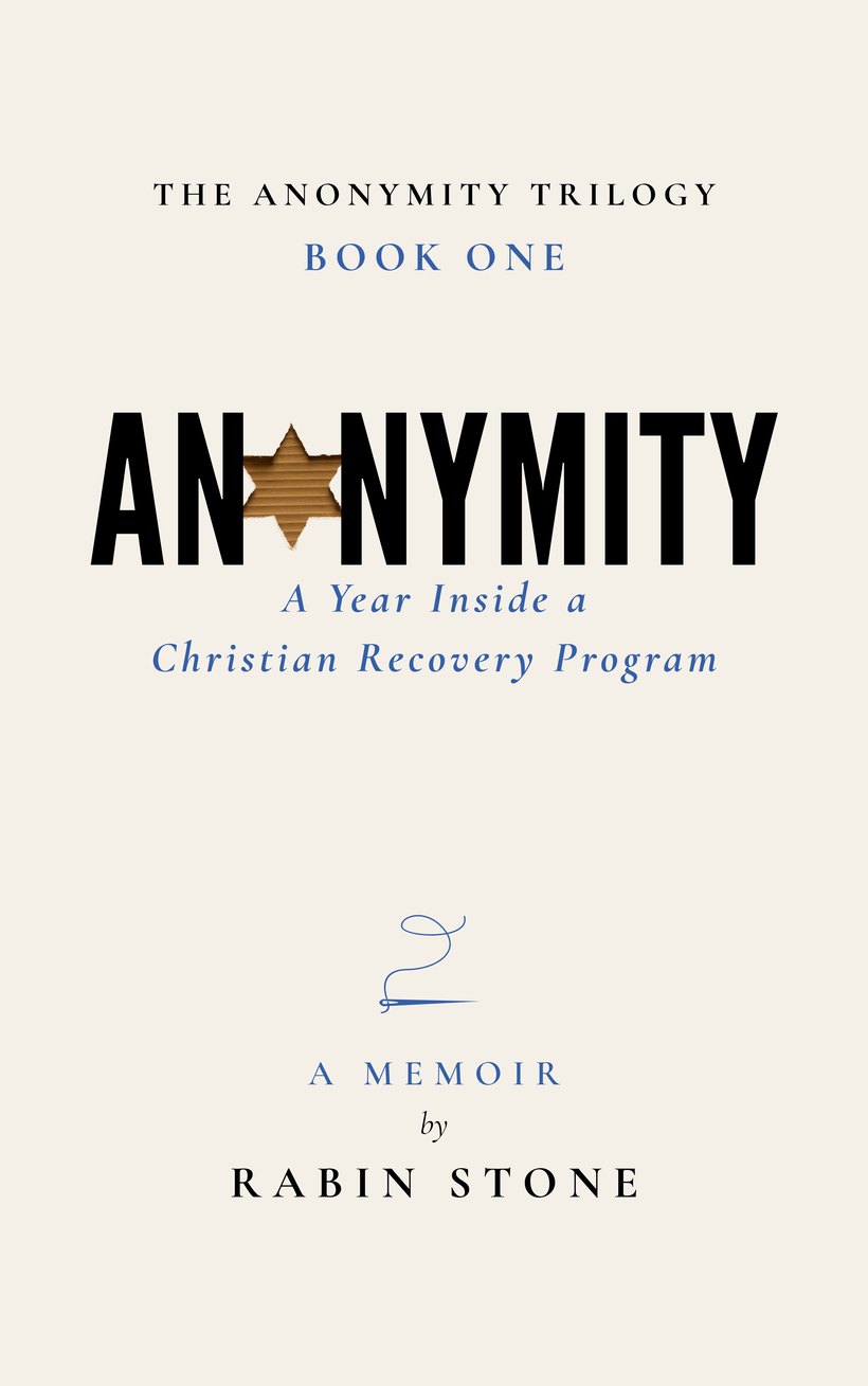 Cover of Anonymity by Rabin Stone. Pale cream, the title in heavy black capitals with a Star of David cut through the board in place of the first O, showing corrugated cardboard beneath. Subtitle in blue italic, with a small blue needle and thread below.