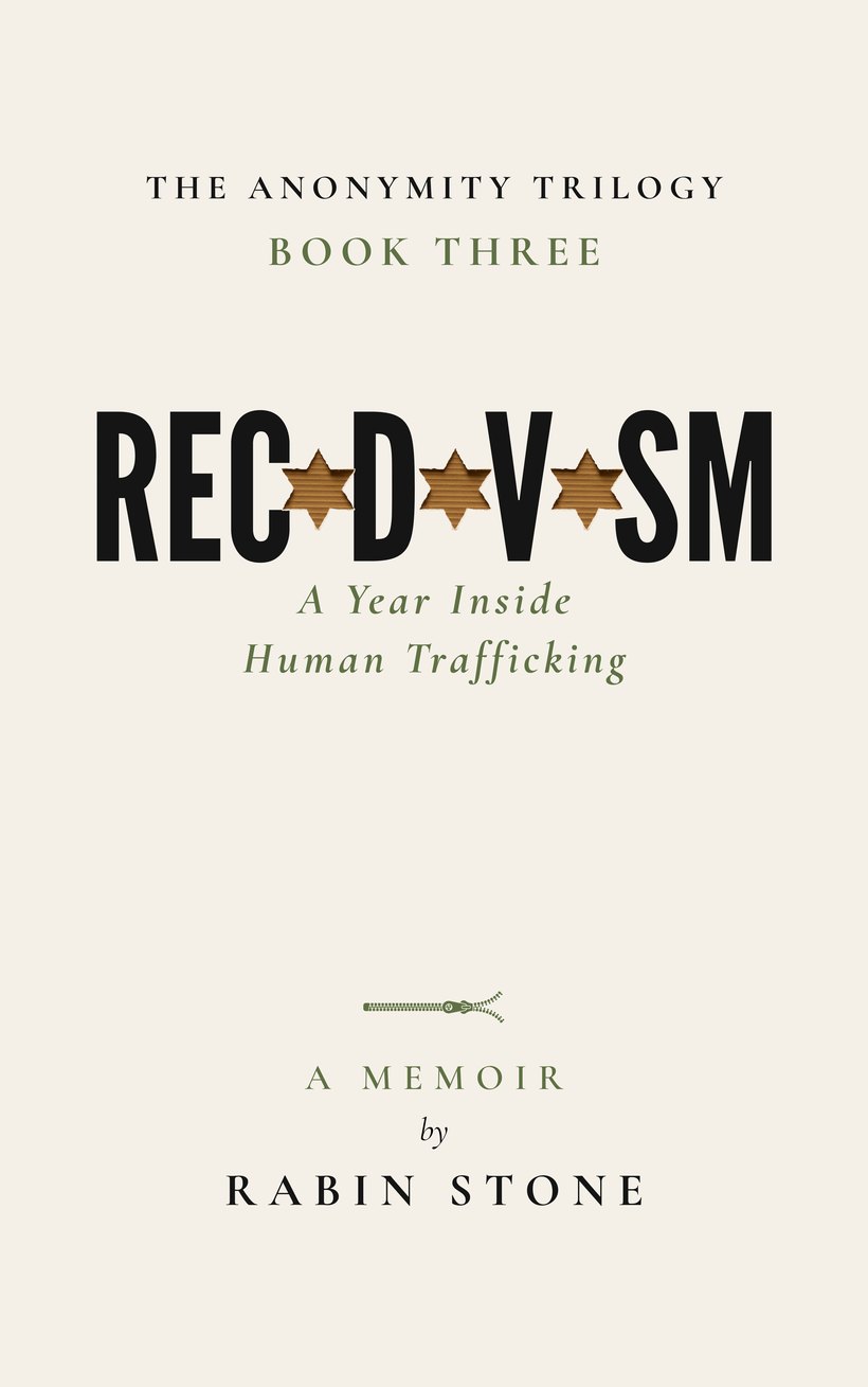 Cover of Recidivism by Rabin Stone. Pale cream, the title in heavy black capitals with a Star of David cut through the board showing corrugated cardboard beneath. Subtitle in green italic.